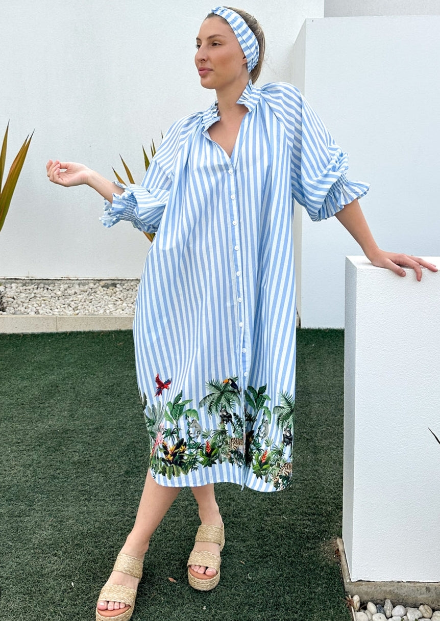 Blue White stripe tropical button through dress