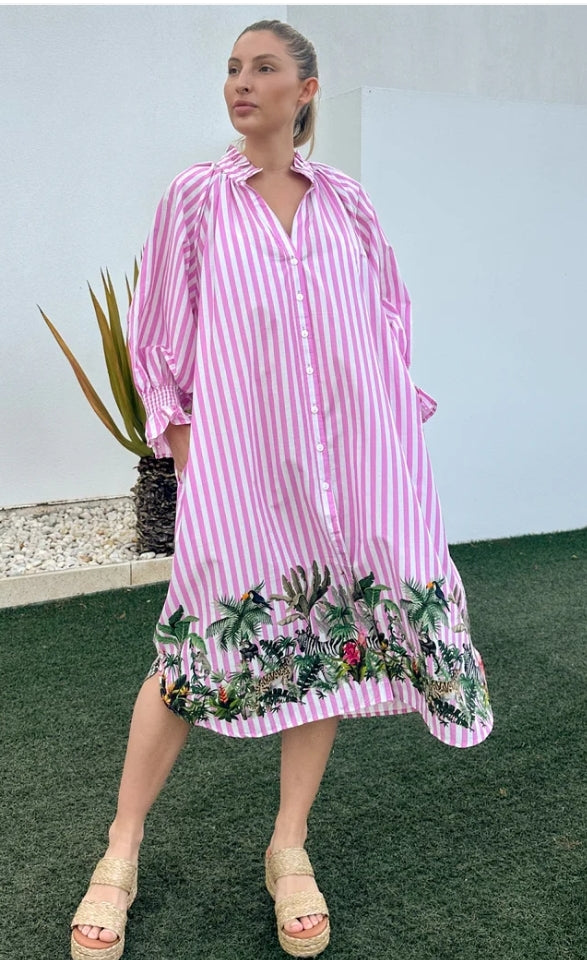 Pink White stripe tropical button through dress