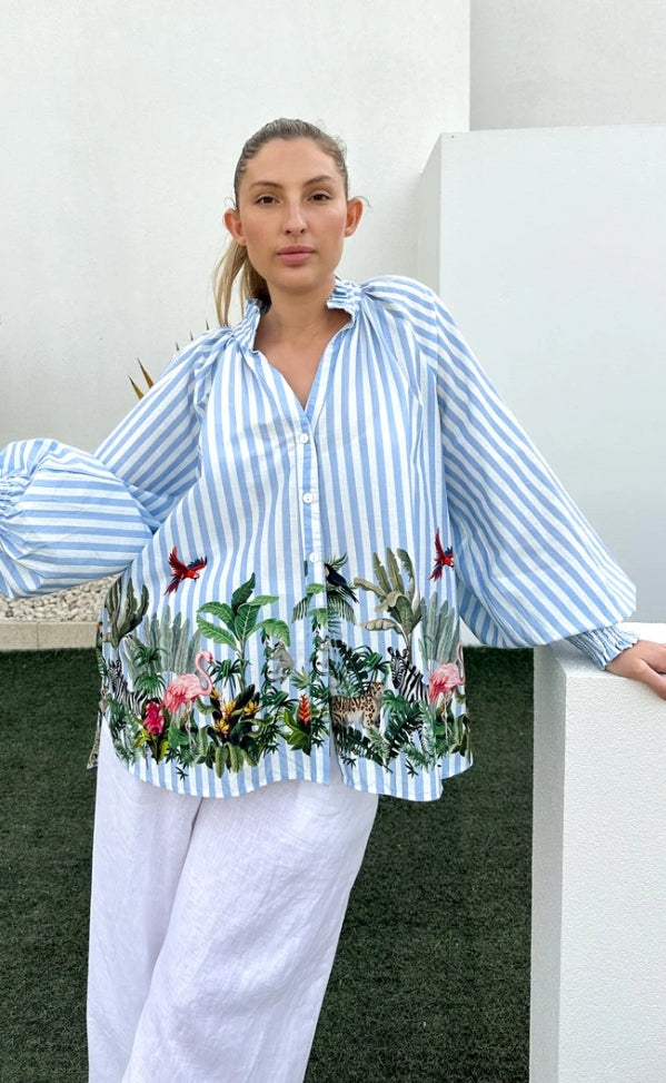 Blue stripe tropical blouse