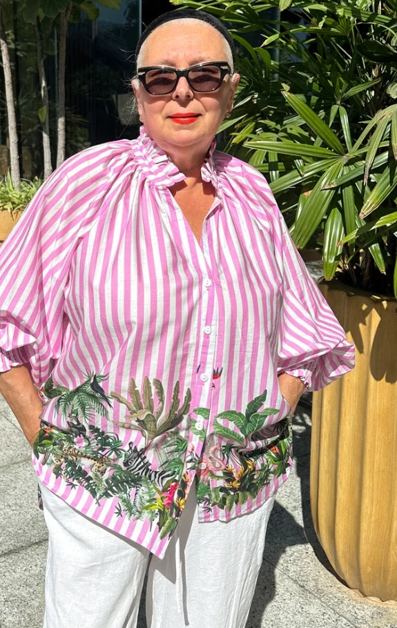 Pink White stripe tropical blouse